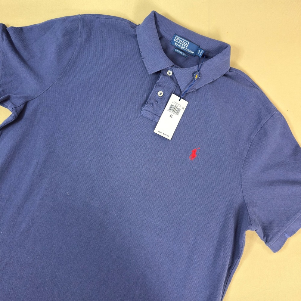 Polo Ralph Lauren Polo Shirt Mens XL Navy Blue Custom Slim Fit NWT Distressed